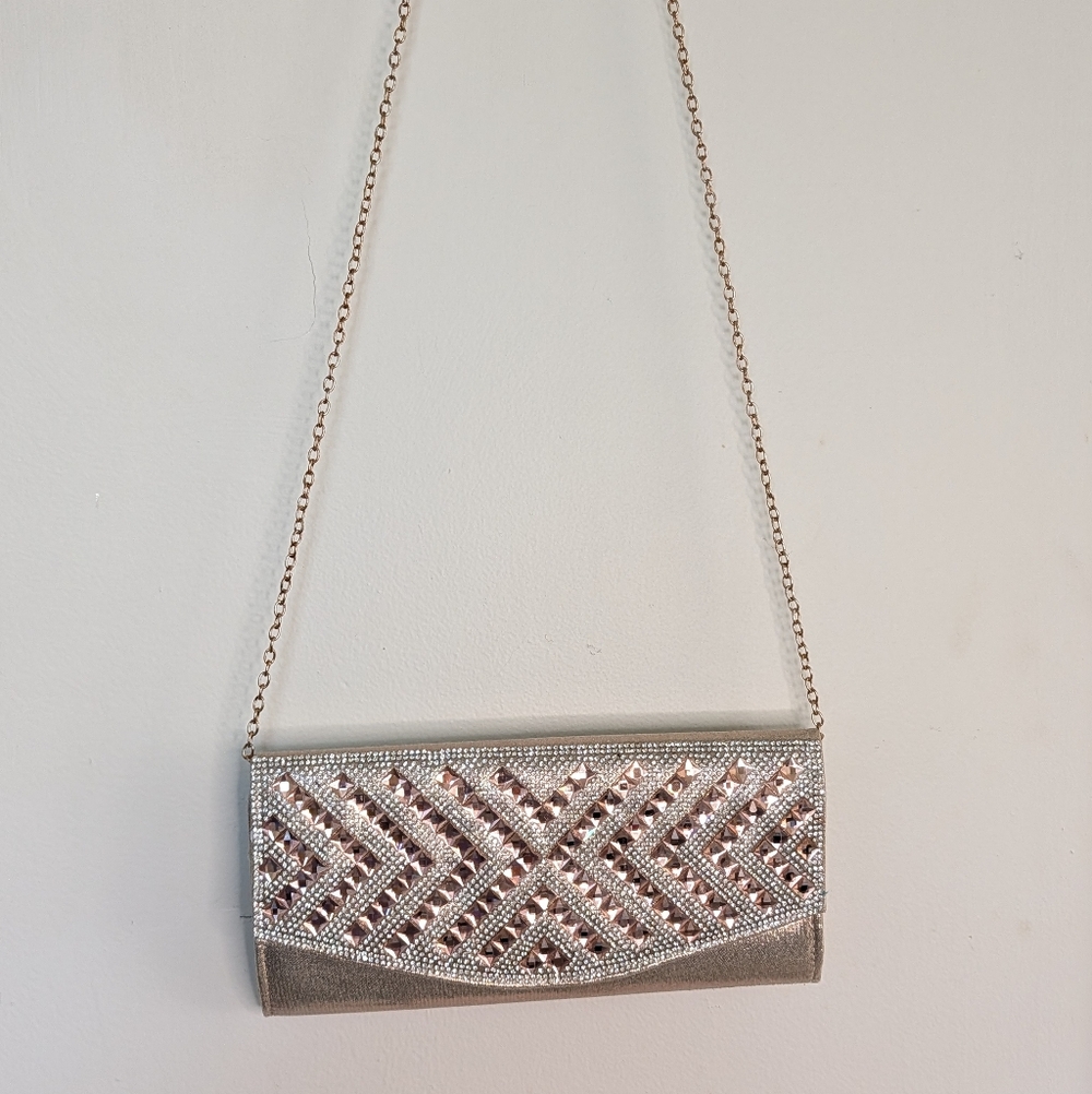 Champagne Rose Gold Rhinestone Chevron Evening Clutch Bag